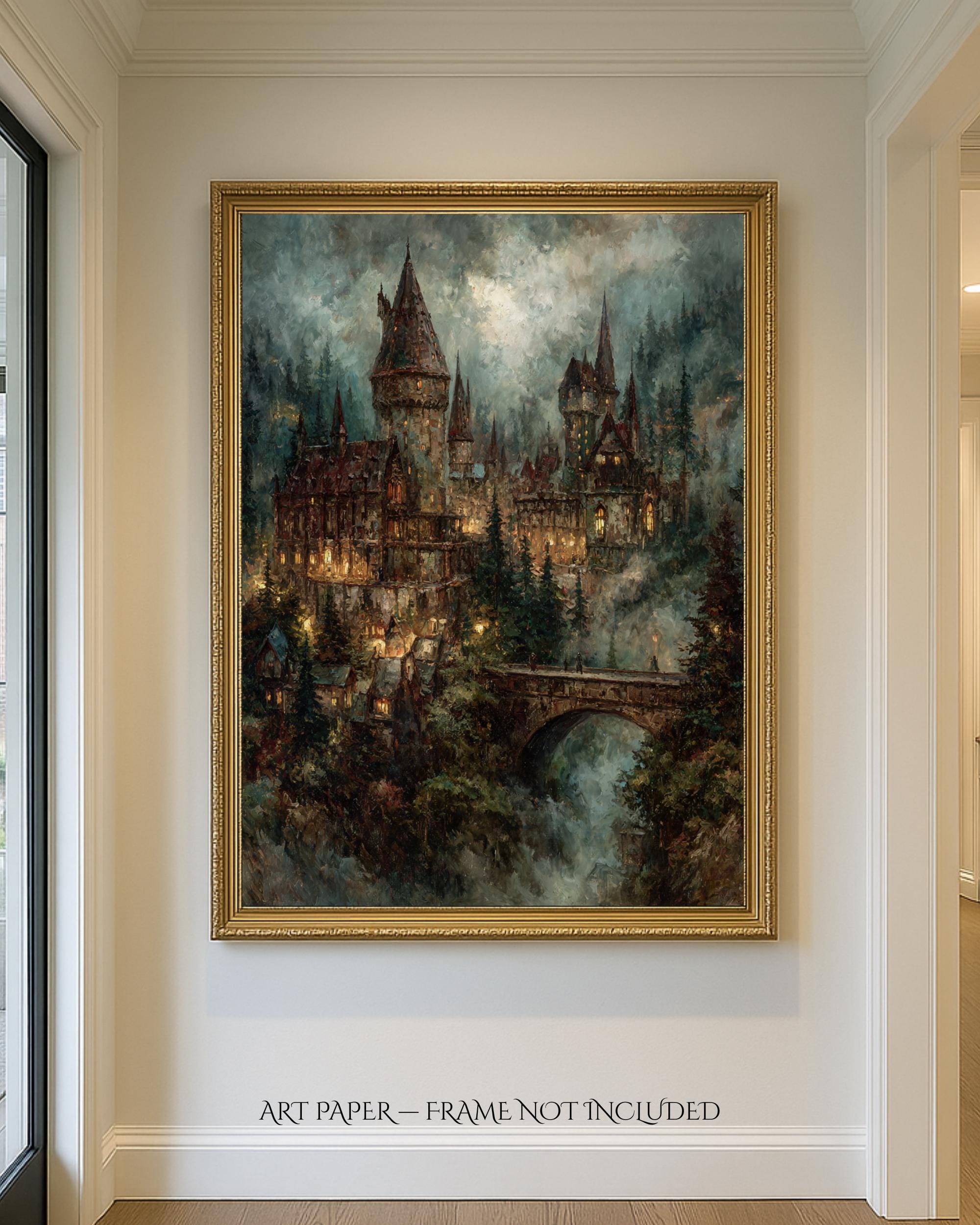 Creepy Castle Wall Art Print, Dark Academia Decor, Medieval Fortress Printed Oil Painting