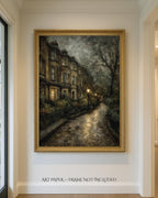 Victorian London Street Art Print, Gothic Row Houses, Gaslight Night Scene, Oil Style Painting
