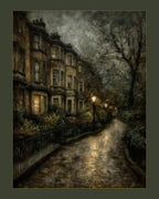 Victorian London Street Art Print, Gothic Row Houses, Gaslight Night Scene, Oil Style Painting