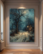 Winter Cottage Snowy Path Art Print, Moody Snow Scene, Wintery Moon Tree Silhouette Painting