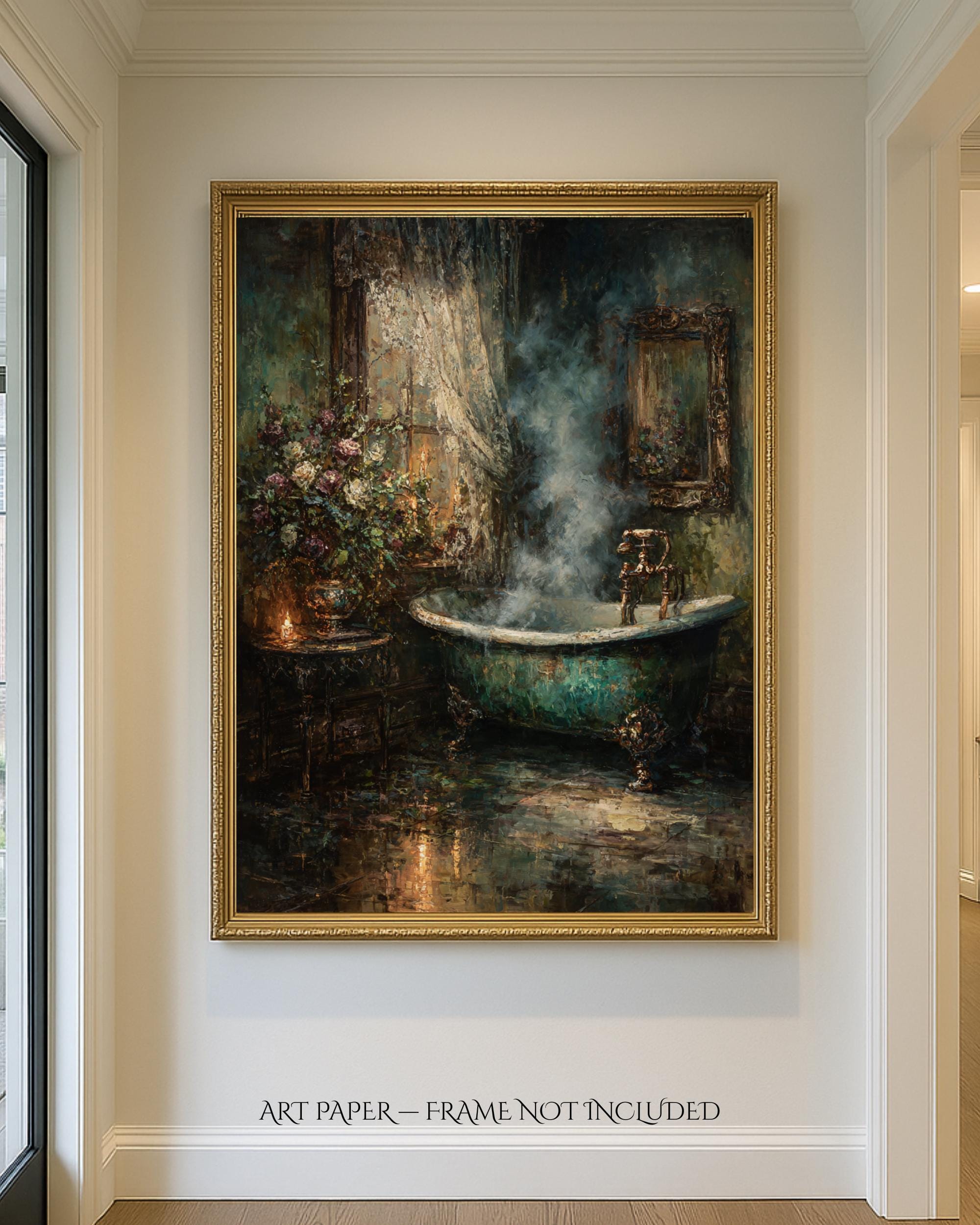 Clawfoot Tub Art Print, Dark Romantic Bathroom Candle Scene, Baroque Style