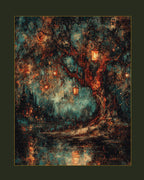 Lantern Tree Art Print, Gothic Night Forest Painting, Dark Academia Glowing Woodland Decor