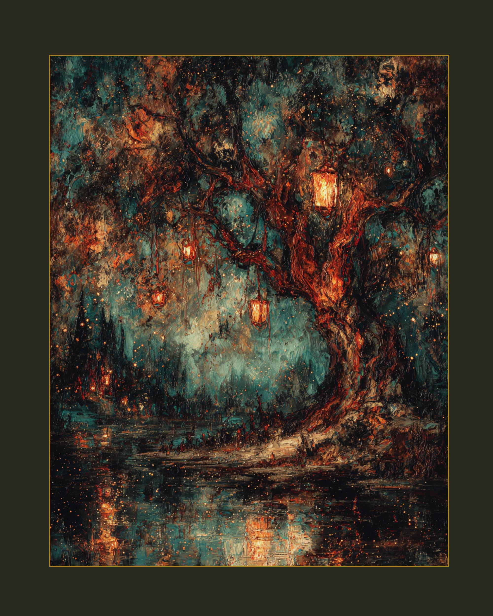 Lantern Tree Art Print, Gothic Night Forest Painting, Dark Academia Glowing Woodland Decor