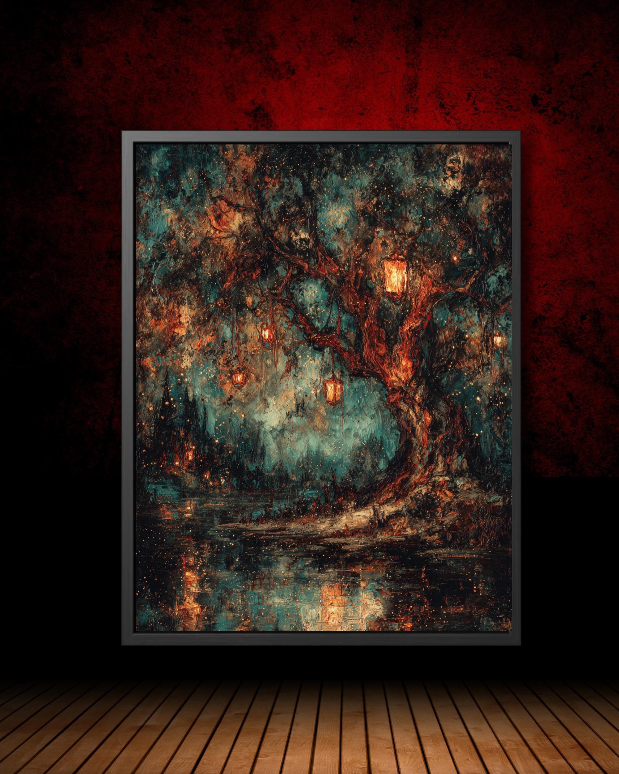 Lantern Tree Art Print, Gothic Night Forest Painting, Dark Academia Glowing Woodland Decor Main image