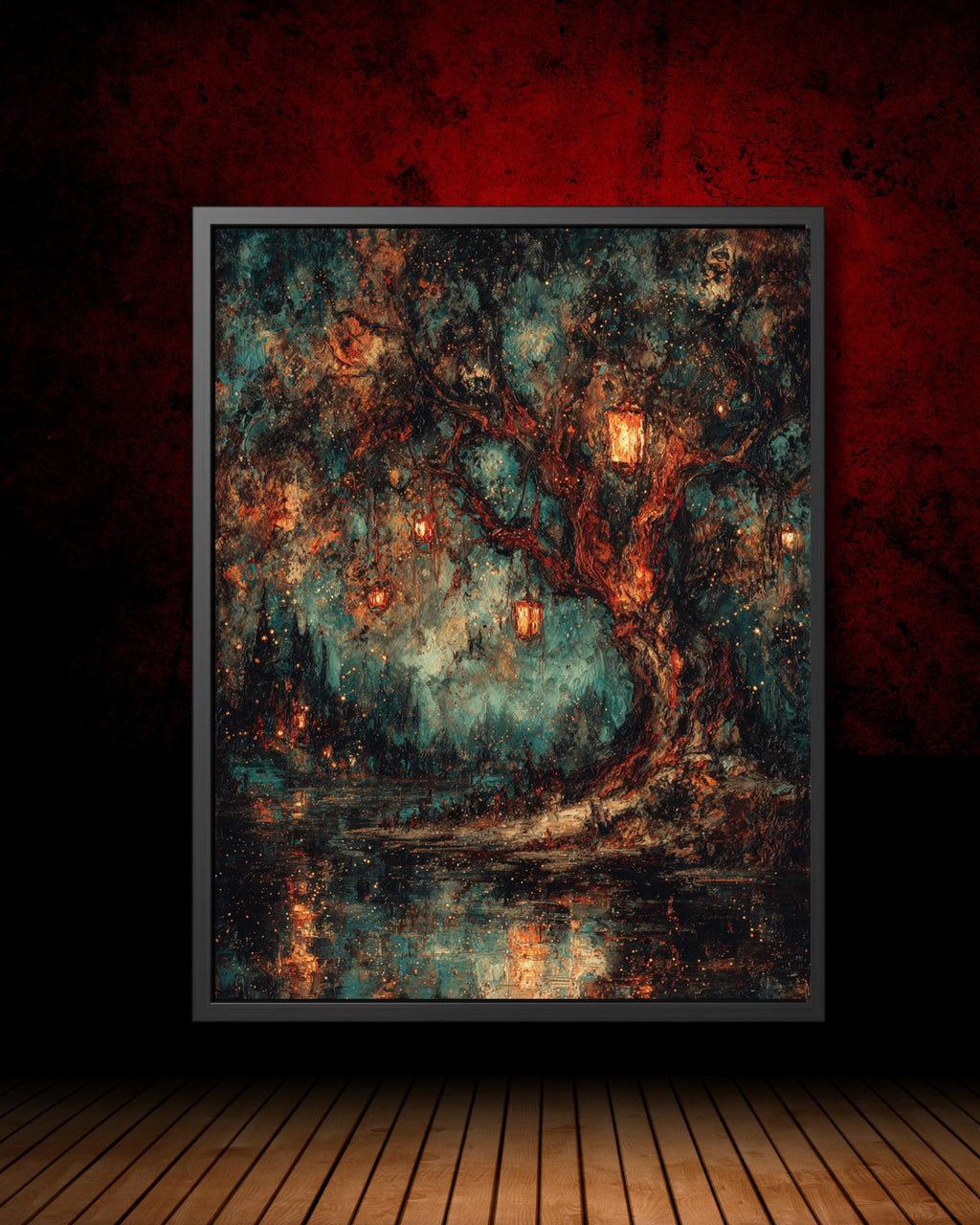 Lantern Tree Art Print, Gothic Night Forest Painting, Dark Academia Glowing Woodland Decor