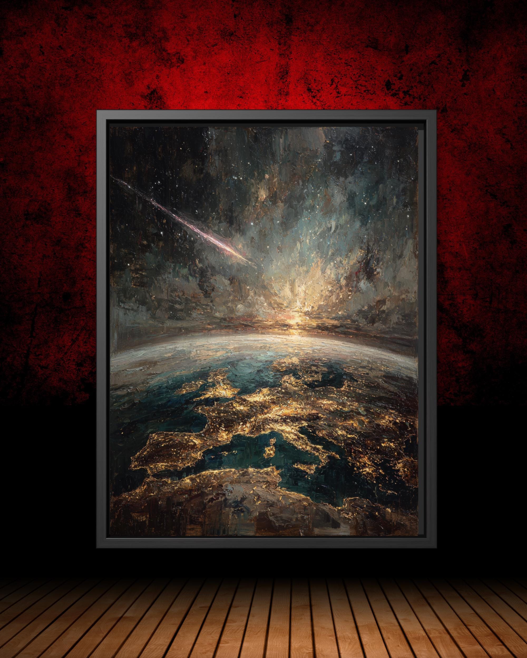 Earth From Space Oil Painting Print, Meteor Shooting Star Dark Night, Moody Wall Art Main image