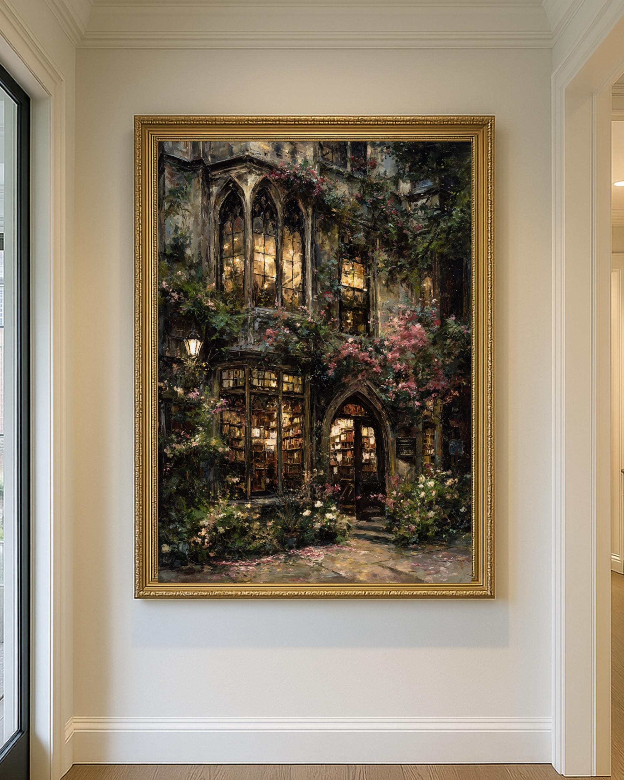 Pink Roses Vintage Bookstore Shopfront, Dark Moody Oil Painting Style Print Secondary image