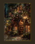 Gothic Bookstore Oil Painting Print, Dark Academia Lanterns and Roses Library Wall Art