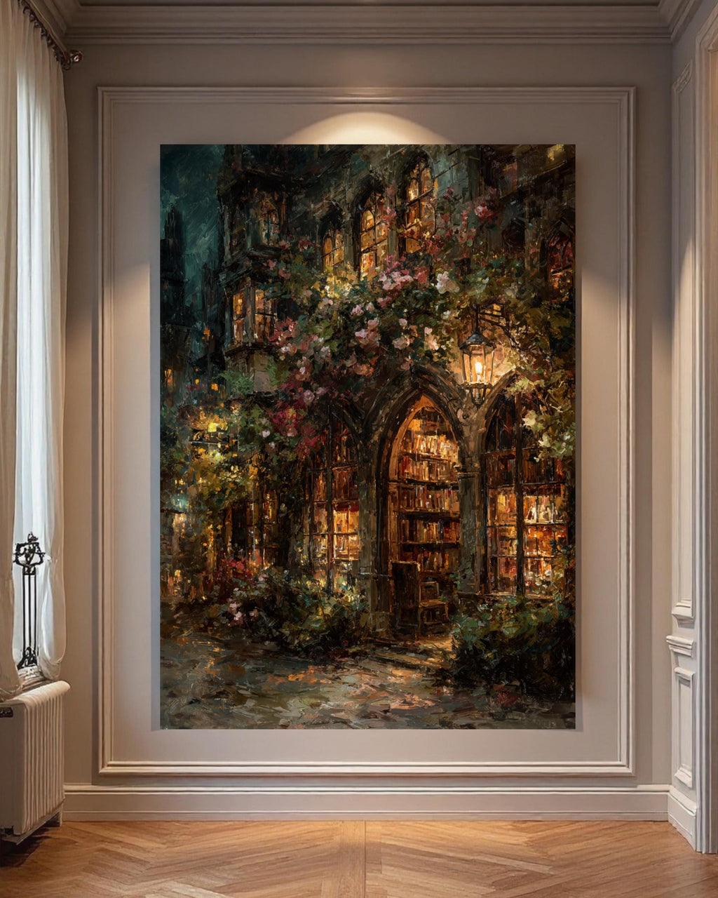 Gothic Bookstore Oil Painting Print, Dark Academia Lanterns and Roses Library Wall Art