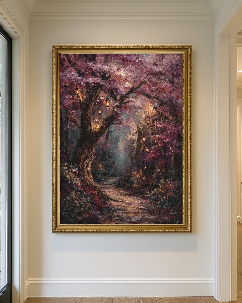 Pink Cherry Blossom Lantern Print, Dark Academia Woodland Tree Wall Art
