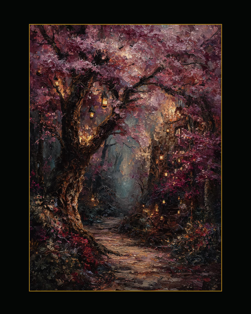Pink Cherry Blossom Lantern Print, Dark Academia Woodland Tree Wall Art