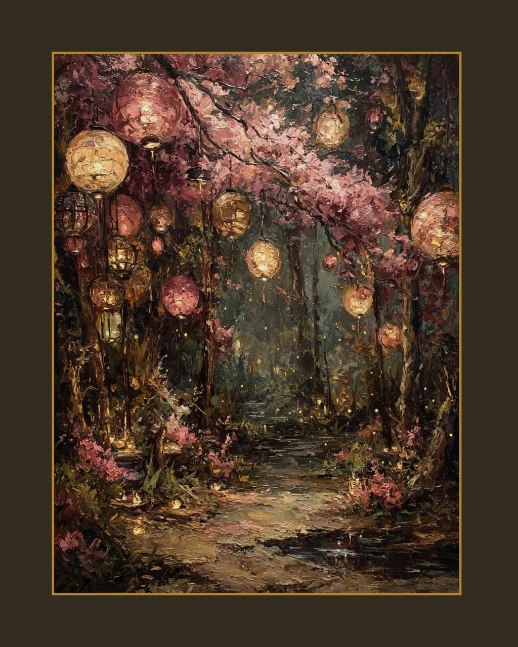 Pink Cherry Blossom Path in Forest with Paper Lanterns, Sakura Trees with Fireflies