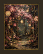 Pink Cherry Blossom Path in Forest with Paper Lanterns, Sakura Trees with Fireflies