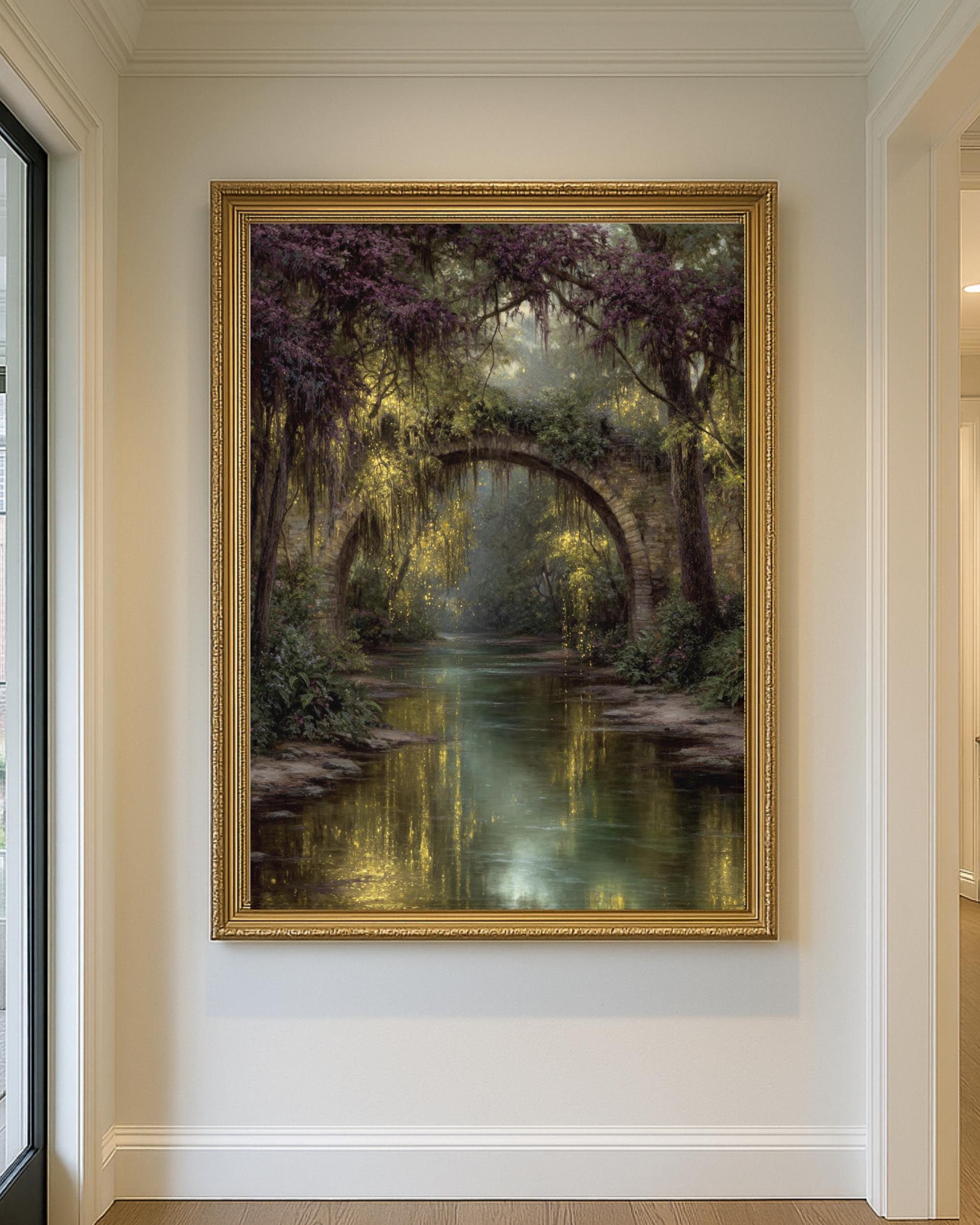 Fairy Bridge River Art Print, Enchanted Woodland Illustration, Vintage Fantasy Firefly Oil Style Painting Secondary image