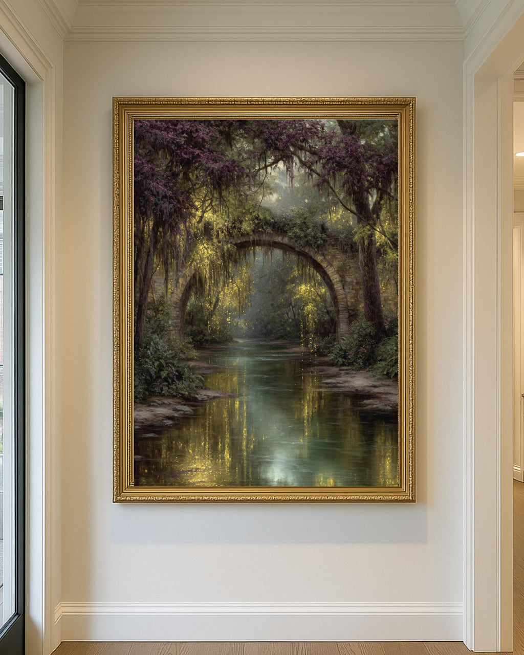 Fairy Bridge River Art Print, Enchanted Woodland Illustration, Vintage Fantasy Firefly Oil Style Painting