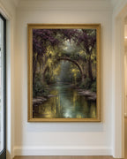 Fairy Bridge River Art Print, Enchanted Woodland Illustration, Vintage Fantasy Firefly Oil Style Painting