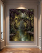 Fairy Bridge River Art Print, Enchanted Woodland Illustration, Vintage Fantasy Firefly Oil Style Painting