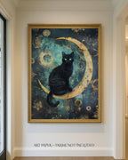 Black Cat on Crescent Moon Teal Art Print Mystical Celestial Dark Academia Wall Decor