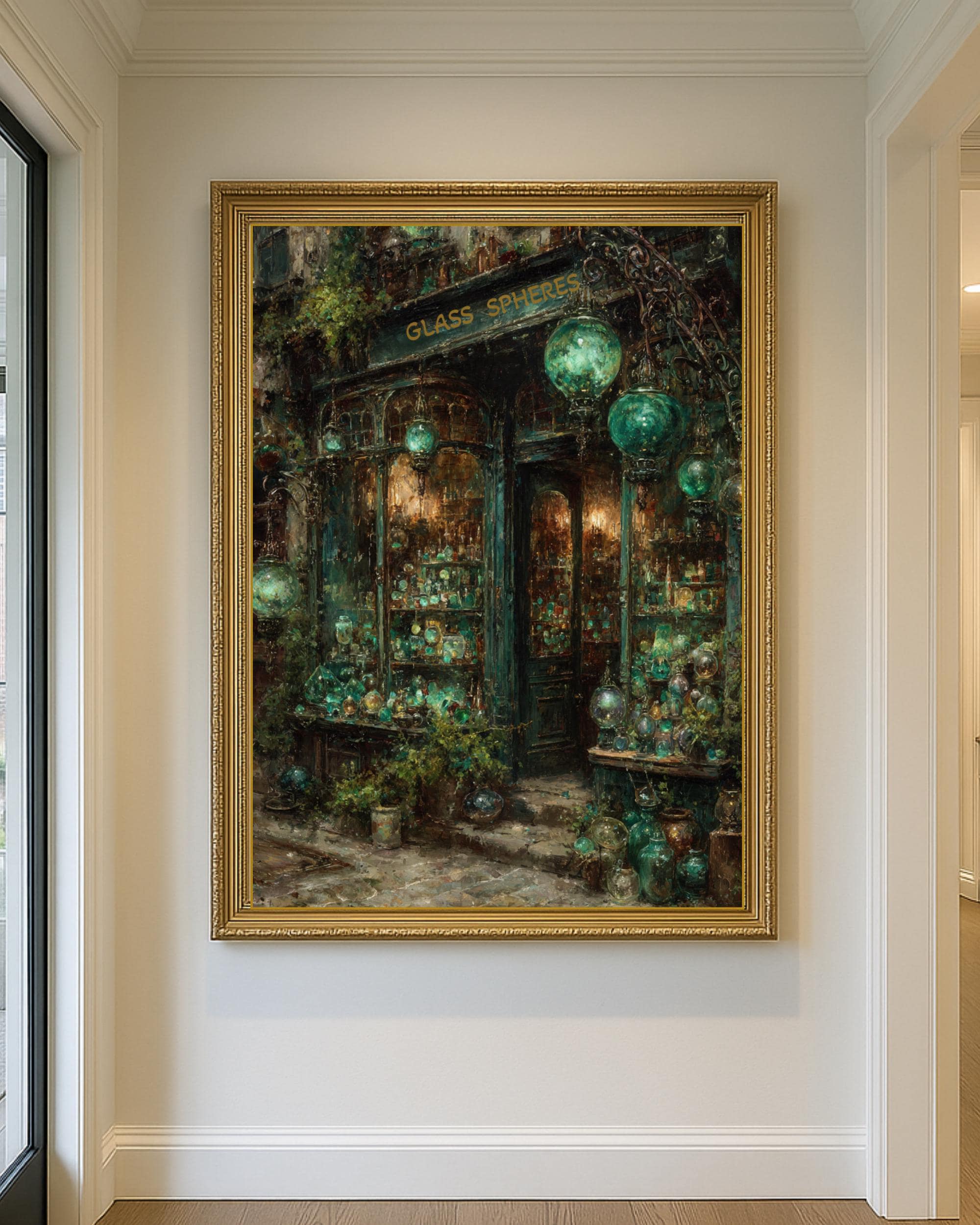 Victorian Glass Bauble Storefront Print, Vintage Green Lanterns Store Painting Style Streetscene Wall Art Secondary image