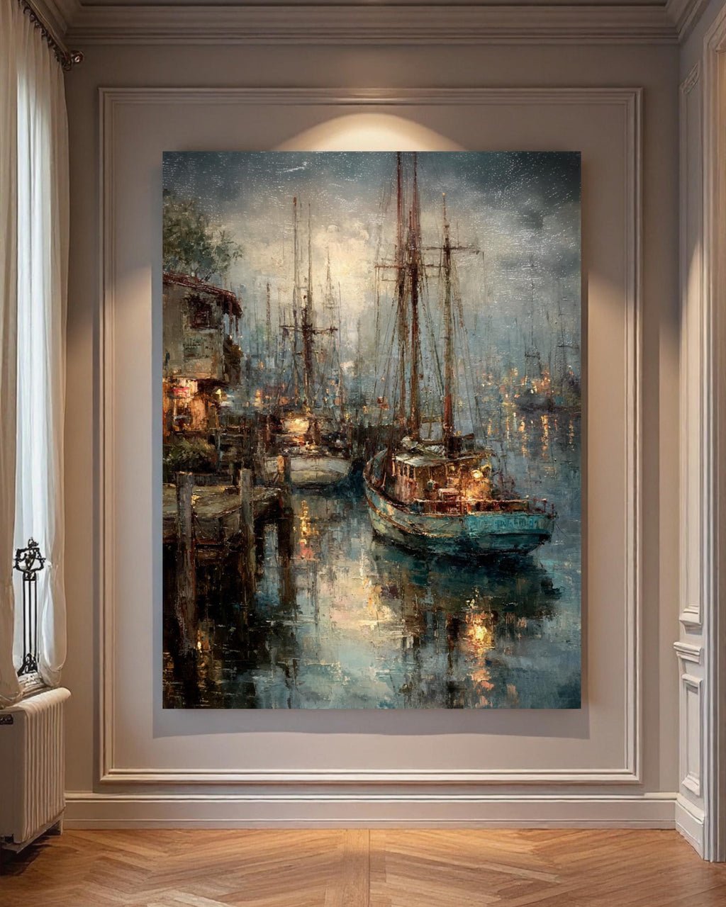 Harbor Oil Painting Print, Coastal Boat Art, Sailing Enthusiast Seascape Wall Art Decor
