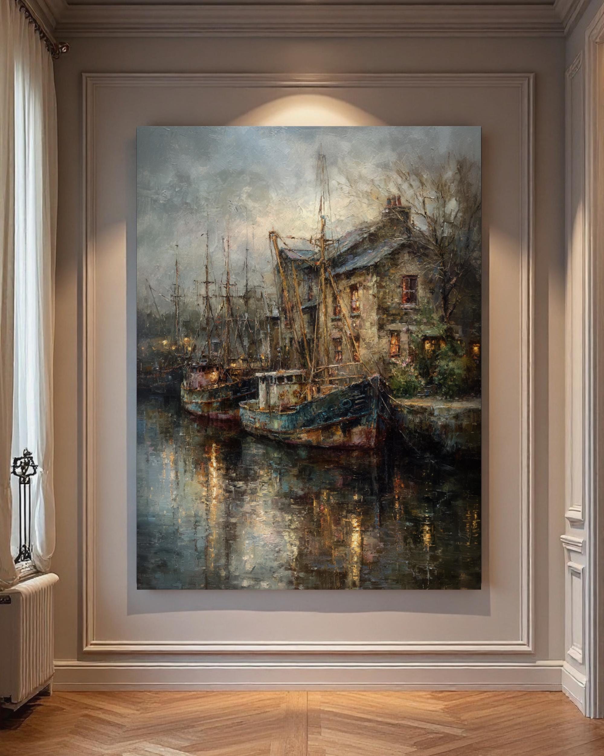 Moody Harbor Art Print, Vintage Boat Painting, Coastal Wall Decor Secondary image