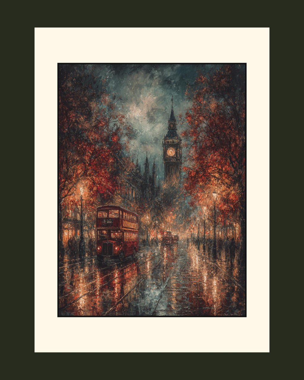 London Big Ben Art Print Rainy City Street with Red Bus, Autumn Night Scene