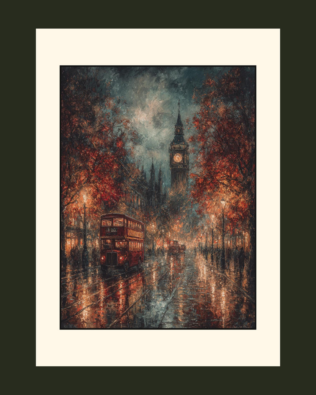 London Big Ben Art Print Rainy City Street with Red Bus, Autumn Night Scene