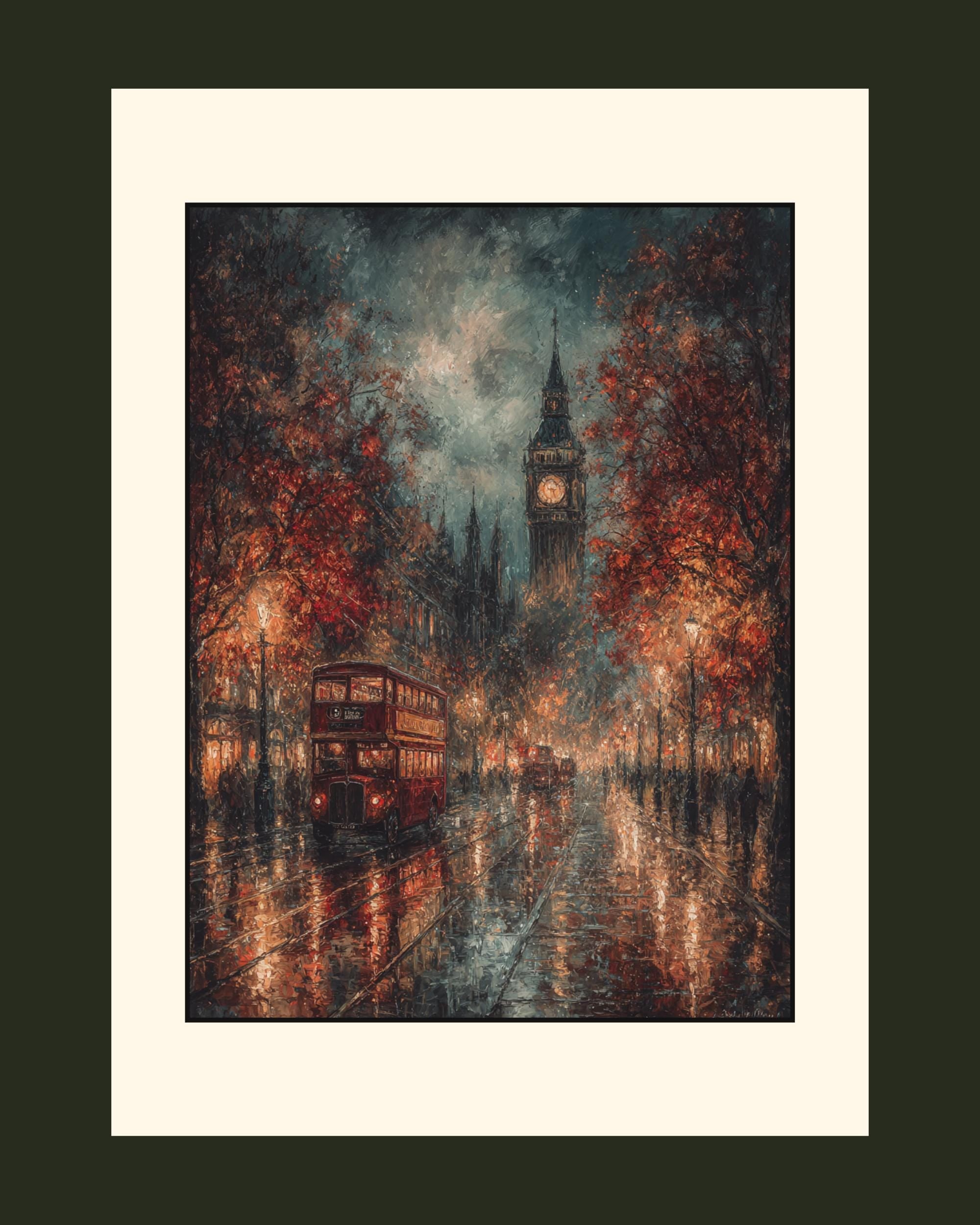 London Big Ben Art Print Rainy City Street with Red Bus, Autumn Night Scene