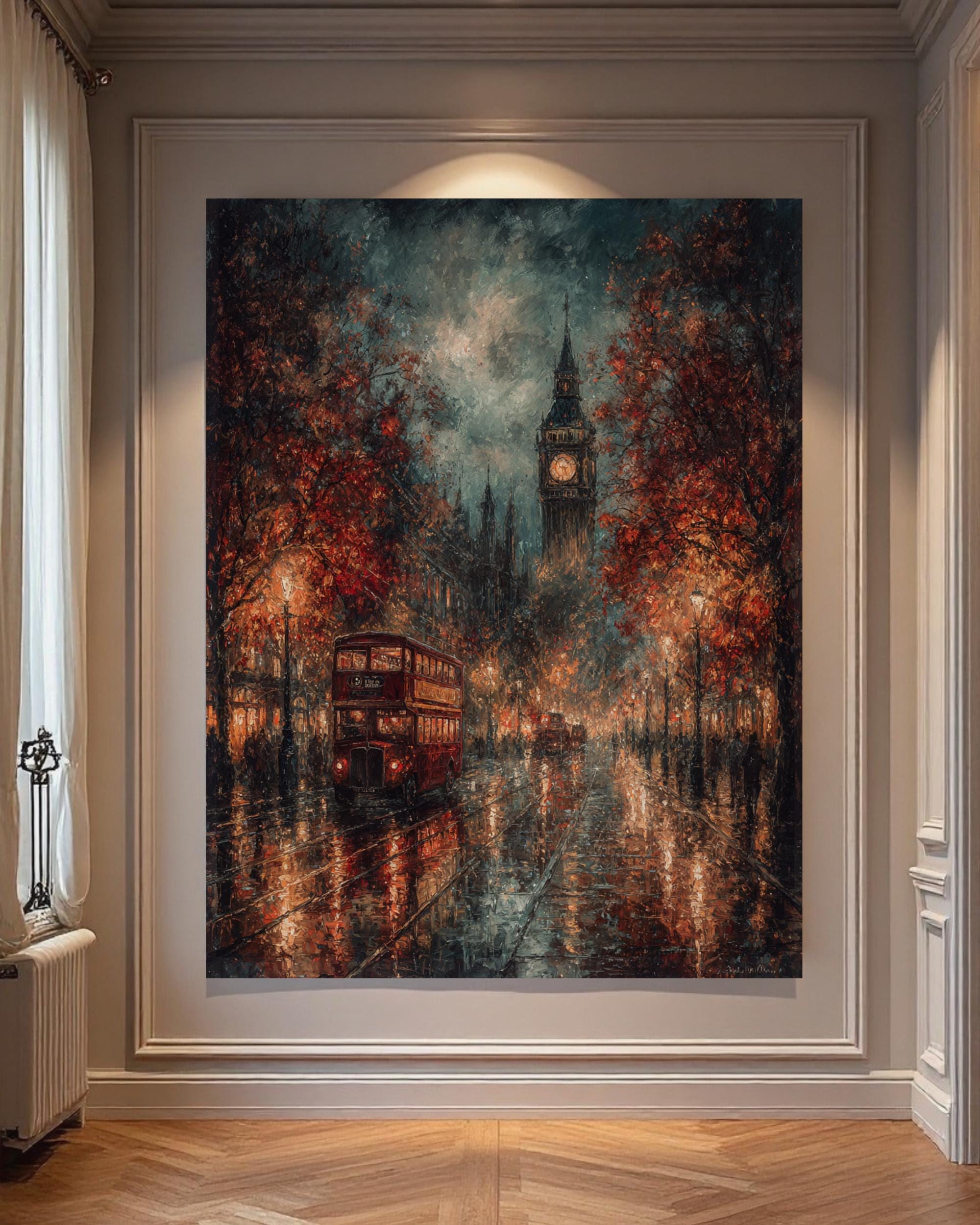 London Big Ben Art Print Rainy City Street with Red Bus, Autumn Night Scene