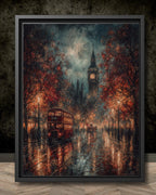 London Big Ben Art Print Rainy City Street with Red Bus, Autumn Night Scene