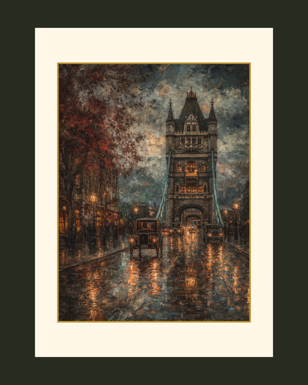 Tower Bridge London Art oil Painting Print, Rainy Night, Vintage Cars, Gothic Cityscape
