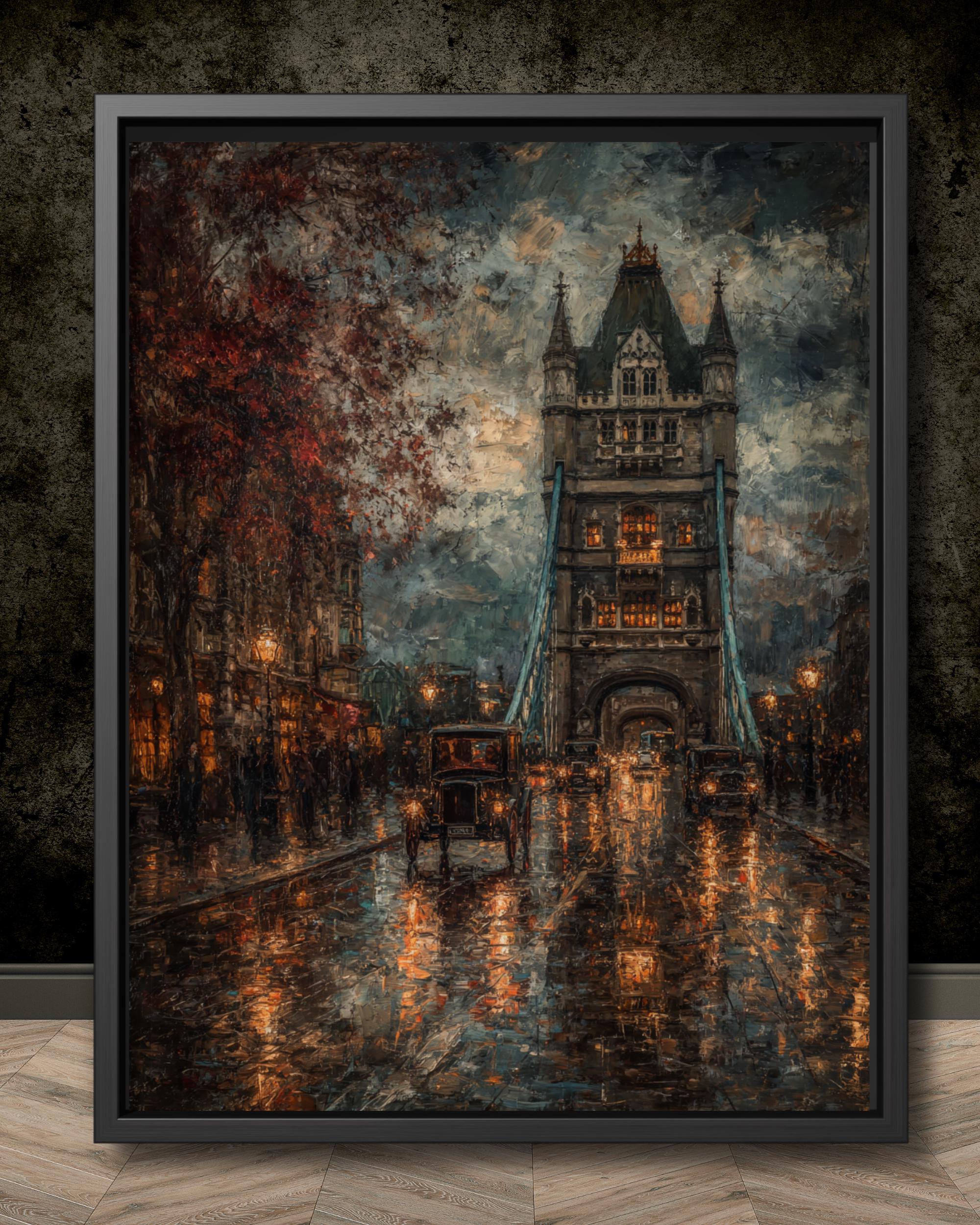Tower Bridge London Art oil Painting Print, Rainy Night, Vintage Cars, Gothic Cityscape Main image