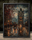 Tower Bridge London Art oil Painting Print, Rainy Night, Vintage Cars, Gothic Cityscape