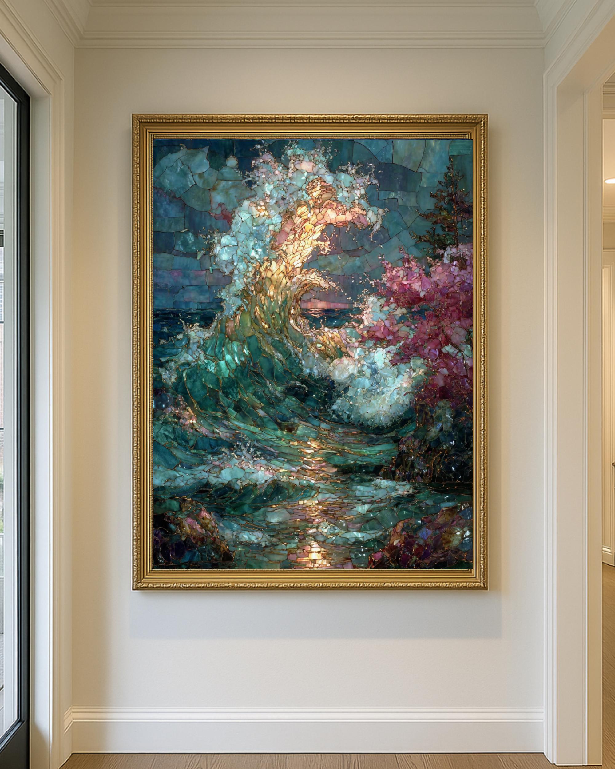 Stained Glass Effect Ocean Tree Wall Print, Wave Art Mosaic, Sea Painting Secondary image