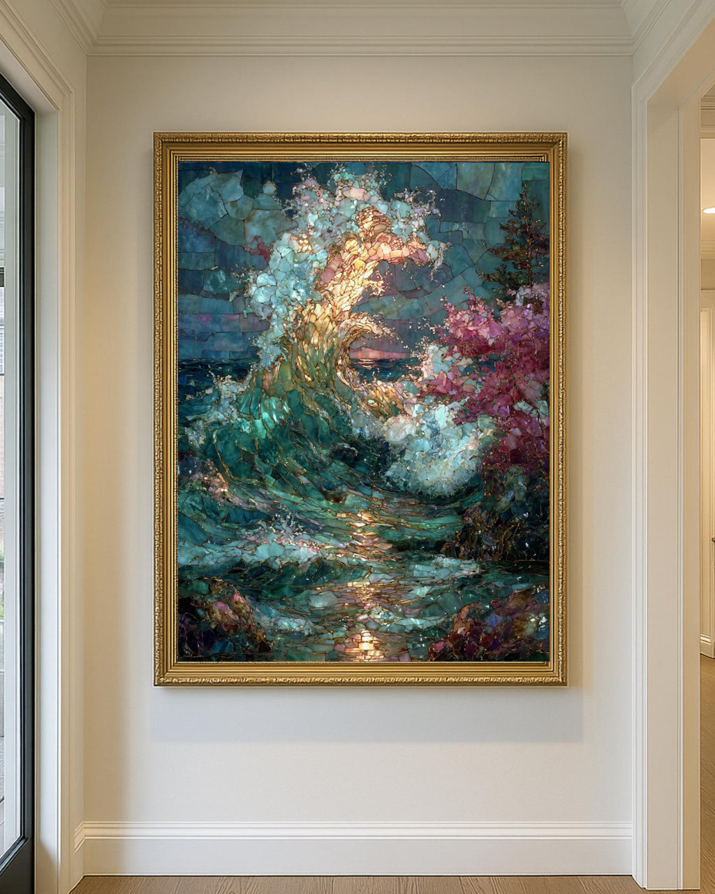 Stained Glass Effect Ocean Tree Wall Print, Wave Art Mosaic, Sea Painting
