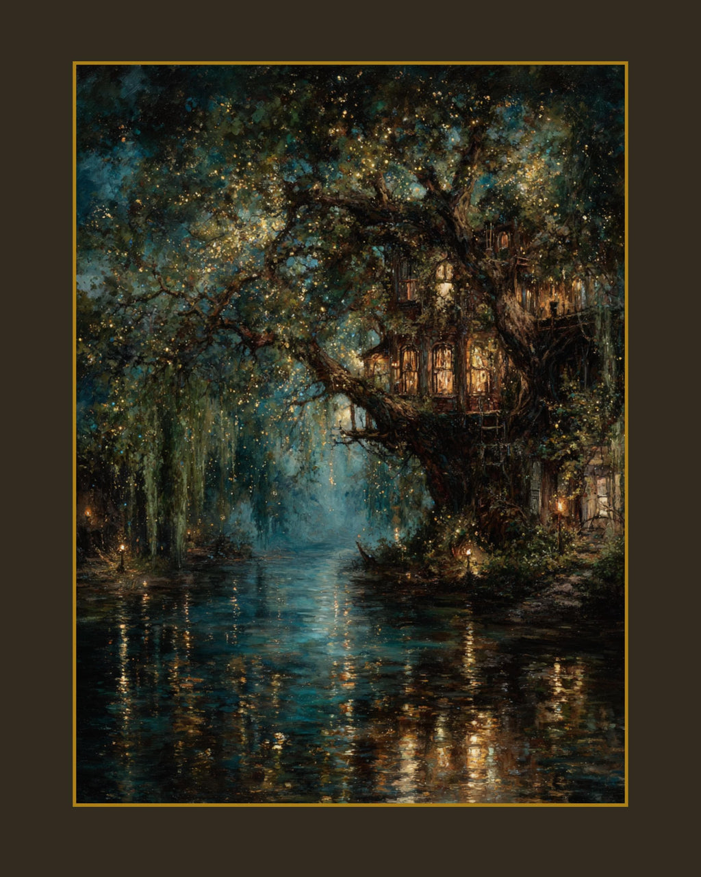 Enchanted Treehouse Art Print: Mystical Willow River, Fantasy Decor