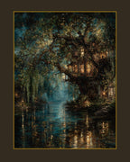 Enchanted Treehouse Art Print: Mystical Willow River, Fantasy Decor