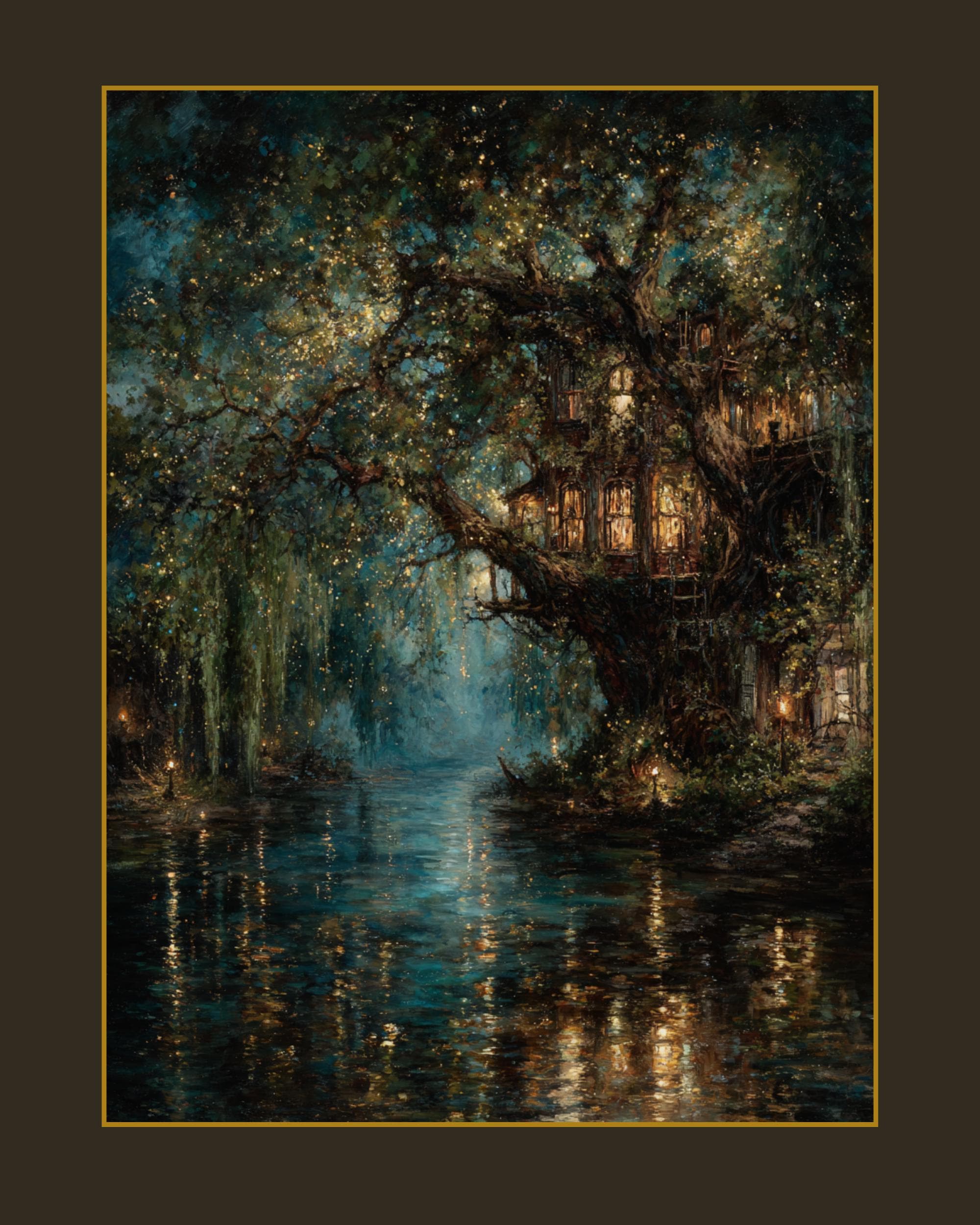 Enchanted Treehouse Art Print: Mystical Willow River, Fantasy Decor