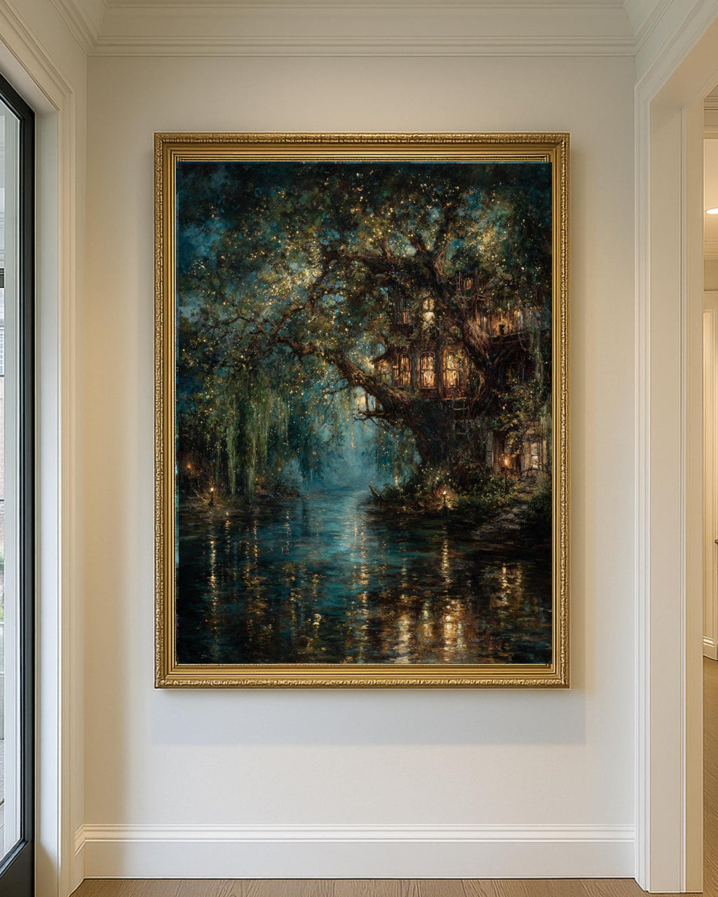 Enchanted Treehouse Art Print: Mystical Willow River, Fantasy Decor
