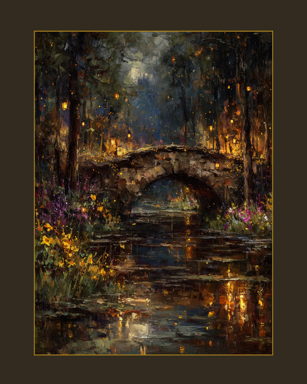 Moonlit Stone Bridge Art Print: Enchanted Forest Lantern River Wallart