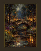 Moonlit Stone Bridge Art Print: Enchanted Forest Lantern River Wallart