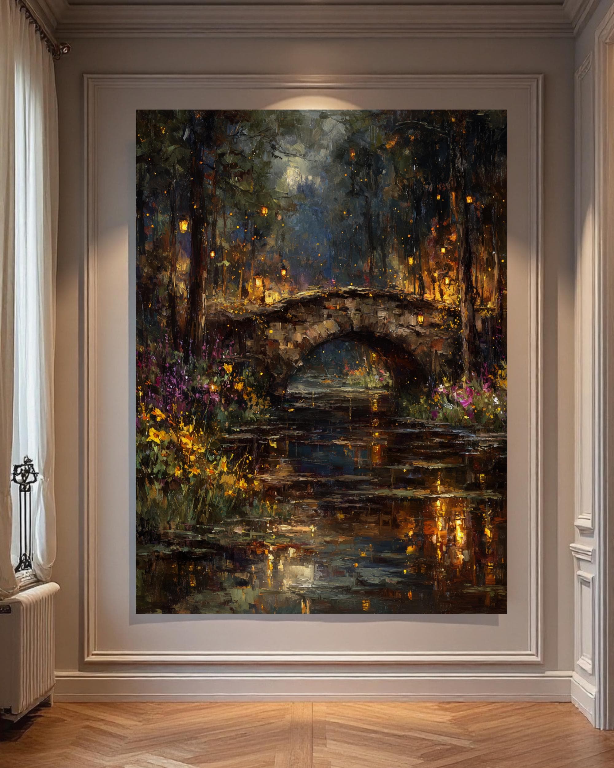 Moonlit Stone Bridge Art Print: Enchanted Forest Lantern River Wallart
