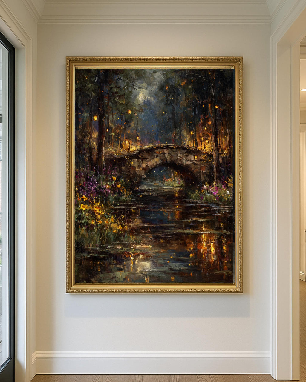 Moonlit Stone Bridge Art Print: Enchanted Forest Lantern River Wallart