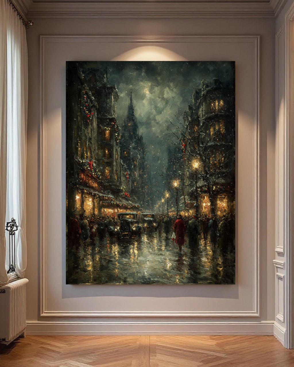 Rainy Night Cityscape Print: Moody Vintage Street Scene Wall Art