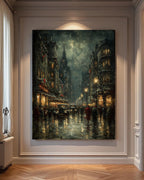 Rainy Night Cityscape Print: Moody Vintage Street Scene Wall Art