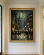 Rainy Night Cityscape Print: Moody Vintage Street Scene Wall Art