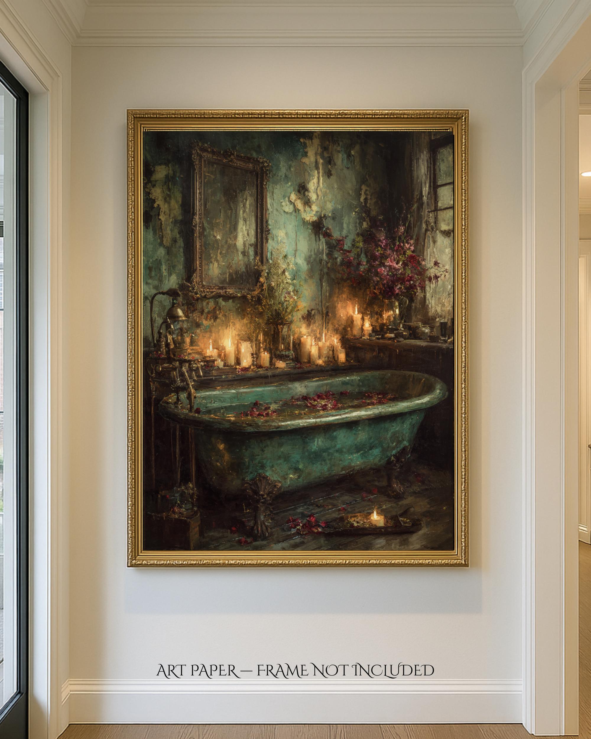 Vintage Clawfoot Tub Art Print, Roses and Candles Victorian Distressed Bathroom Wall Decor, Secondary image