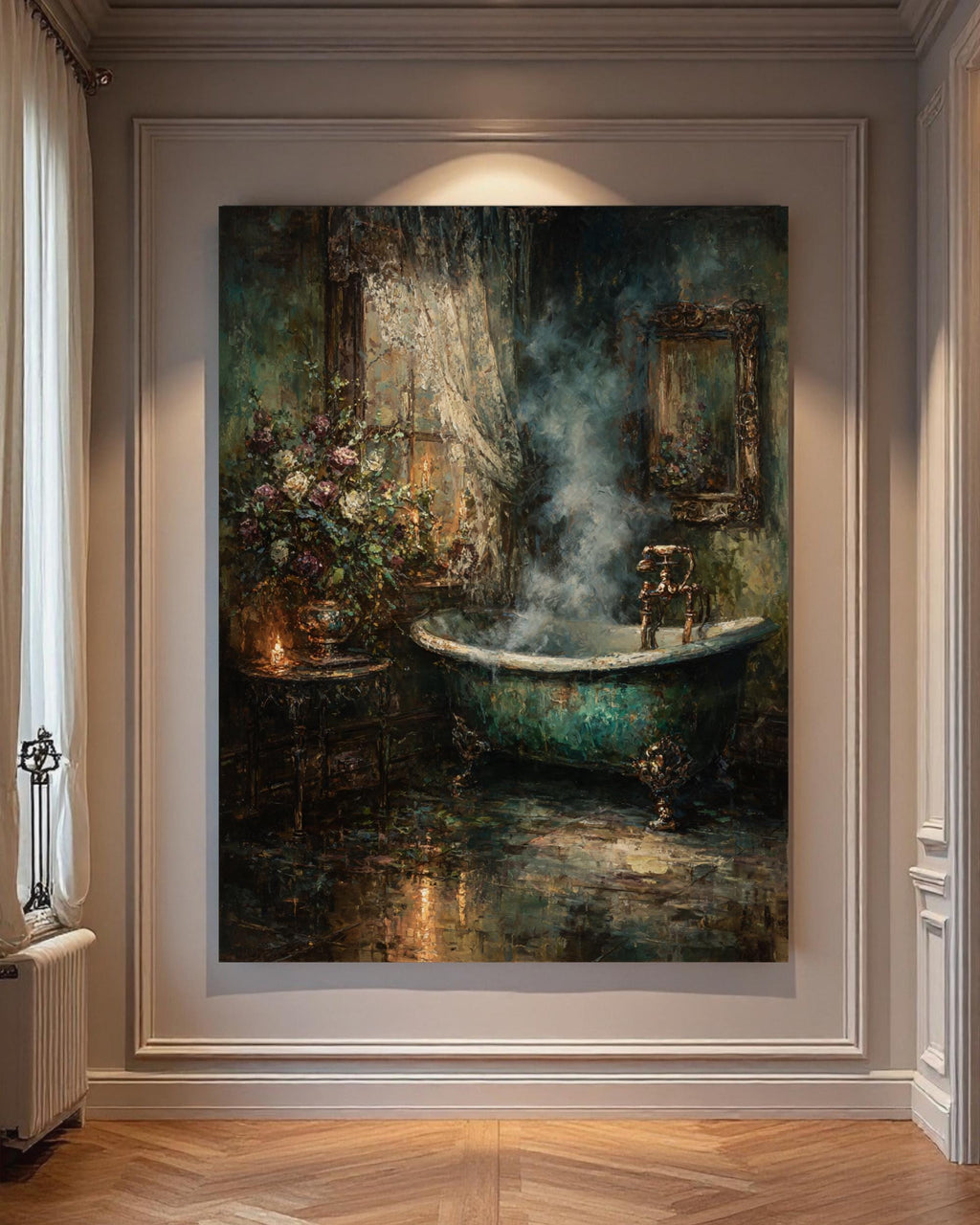 Clawfoot Tub Art Print, Dark Romantic Bathroom Candle Scene, Baroque Style