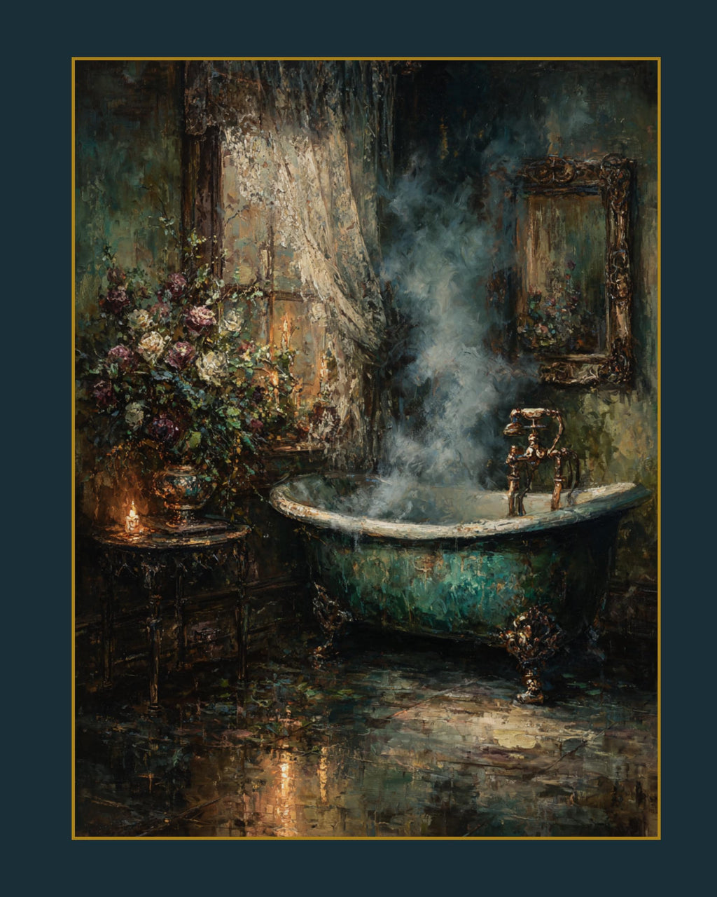 Clawfoot Tub Art Print, Dark Romantic Bathroom Candle Scene, Baroque Style