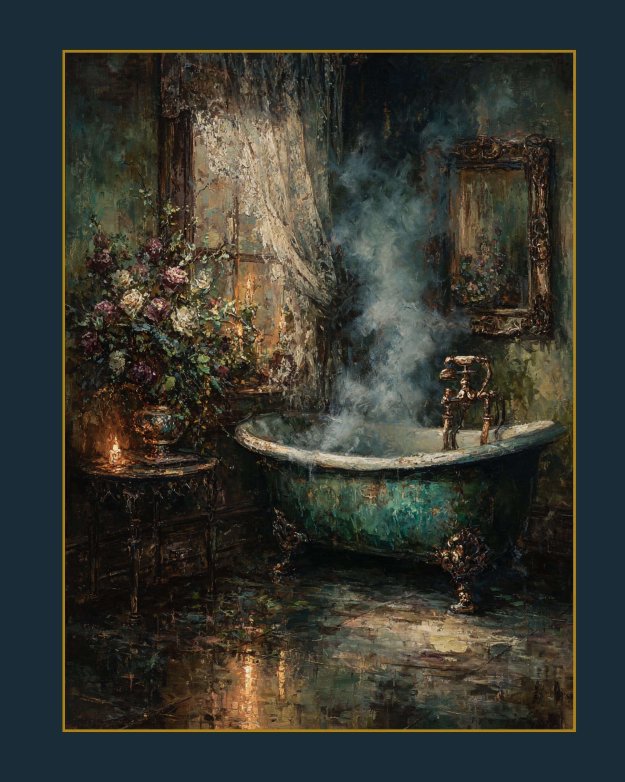 Clawfoot Tub Art Print, Dark Romantic Bathroom Candle Scene, Baroque Style